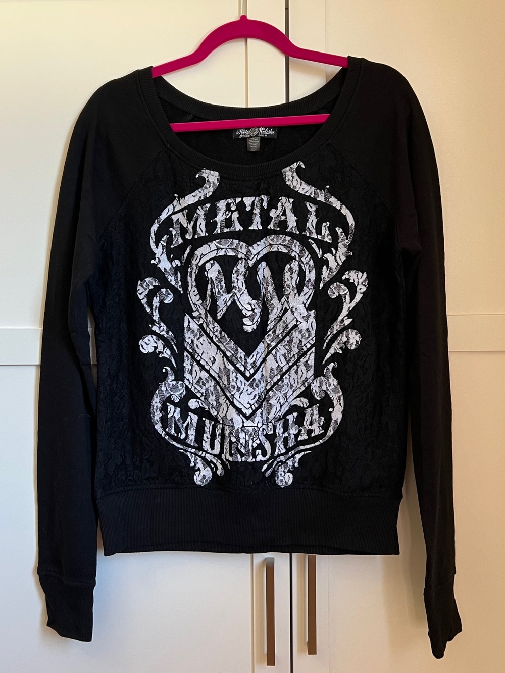 Metal Mulisha Black Crewneck Sweater with Lace Black and White Graphic